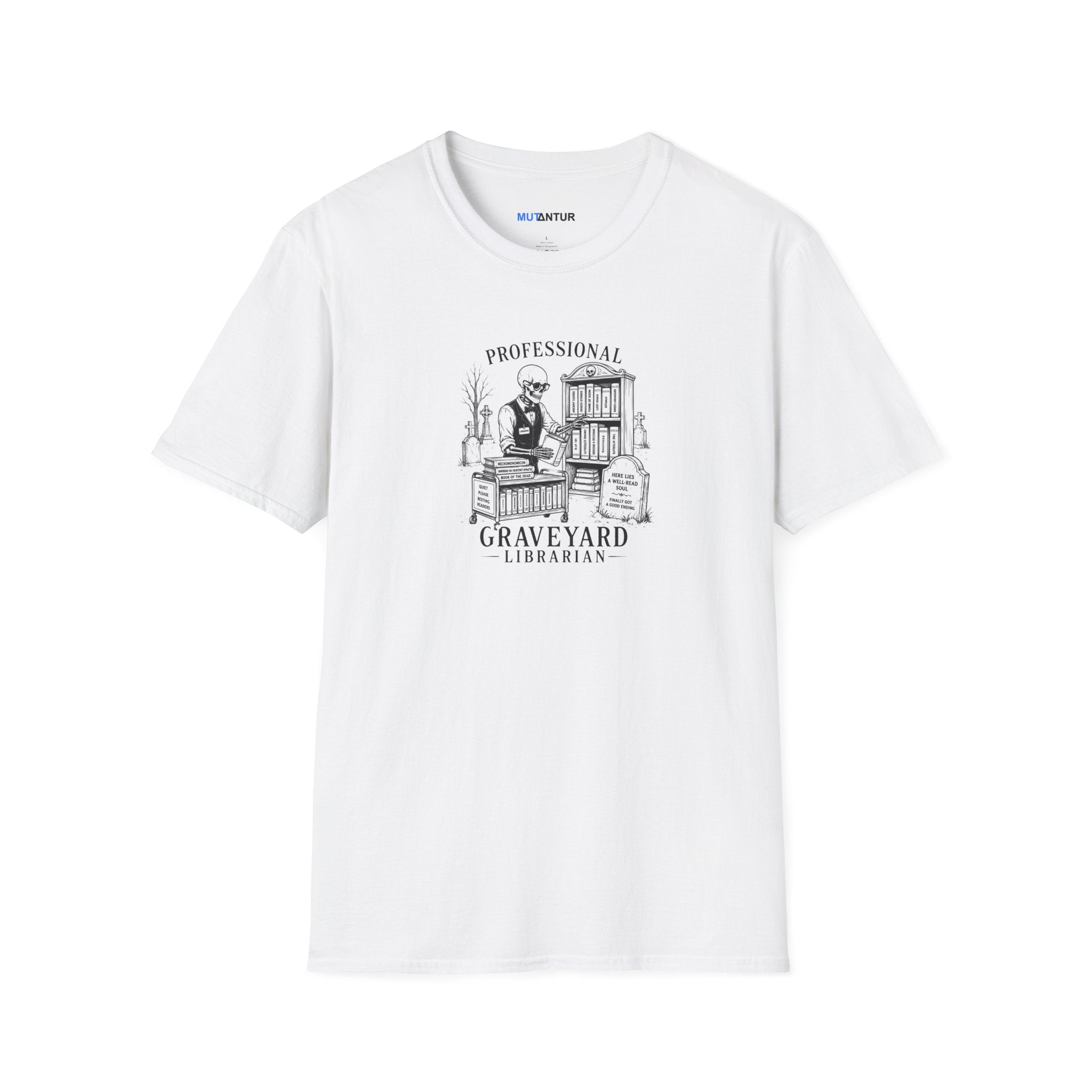 white short sleeved t shirt with a skeleton  graphic with the words Professional Graveyard Librarian