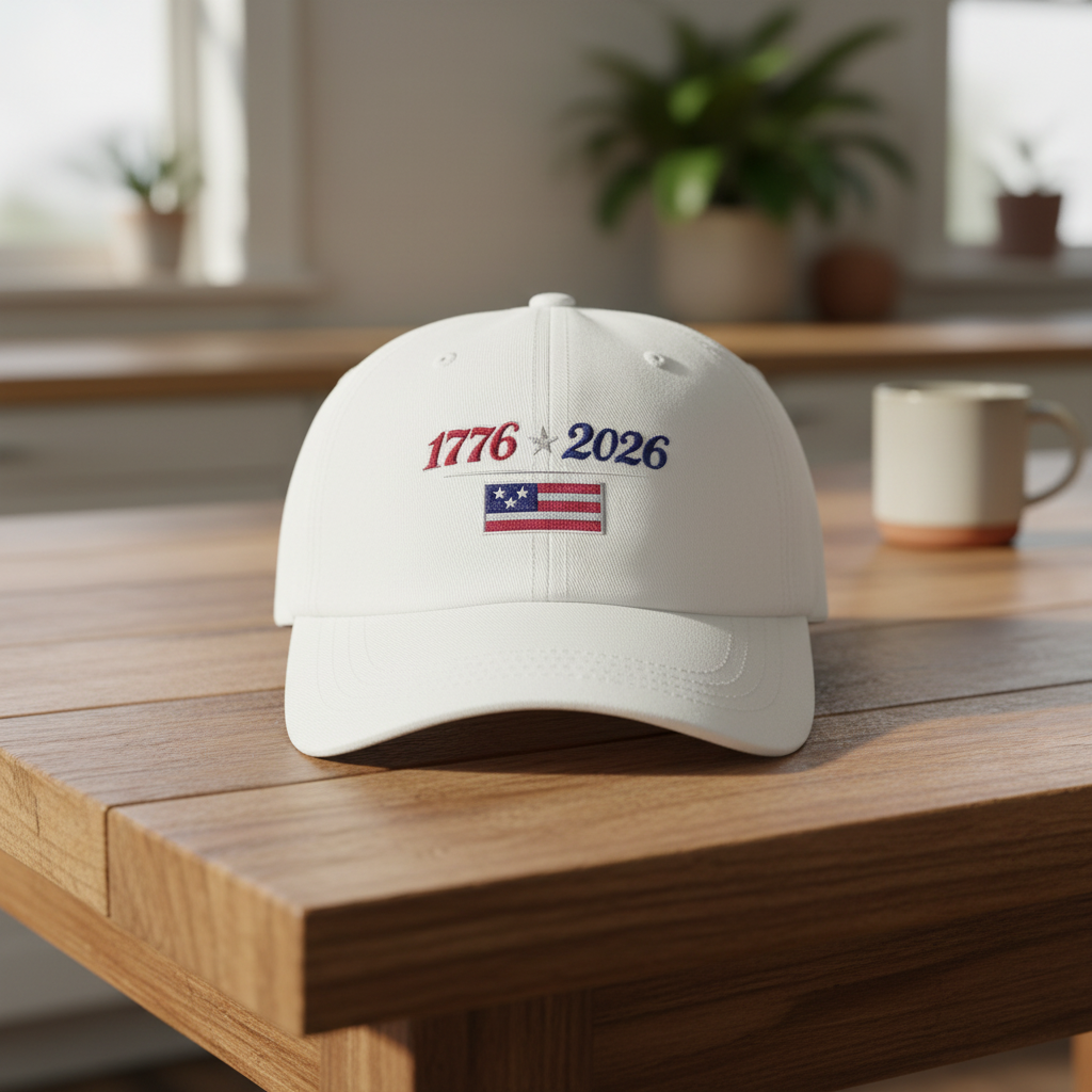 1776-2026 patriotic flag embroidered dad cap, front view