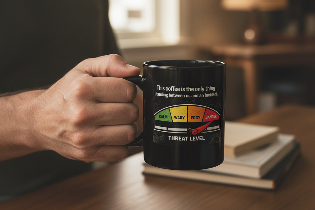 Coffee Threat Level Gauge Mug | Funny Black Ceramic Coffee Cup - Mutantur Labs LLC