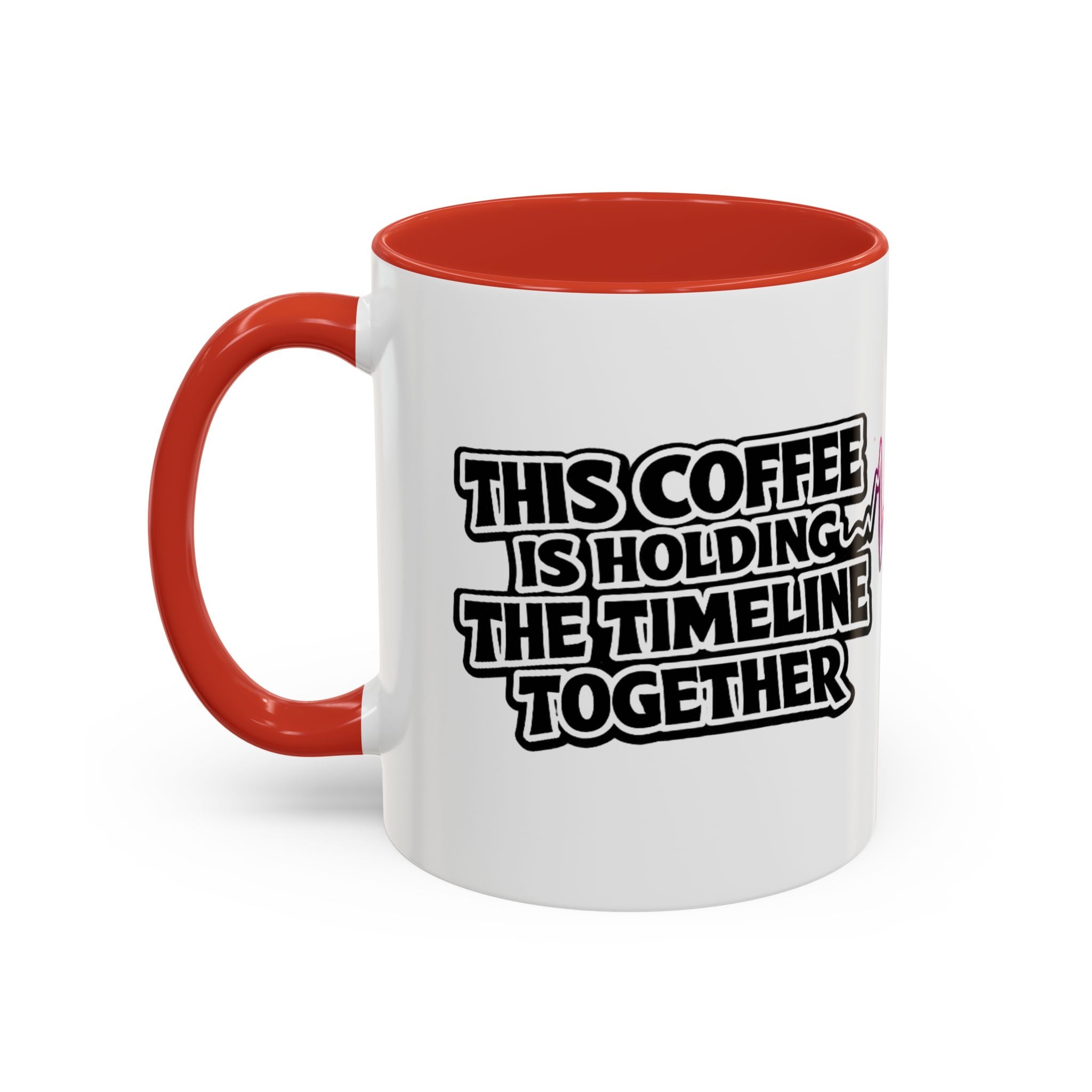 This Coffee Is Holding the Timeline Together rainbow heartbeat mug, handle detail view