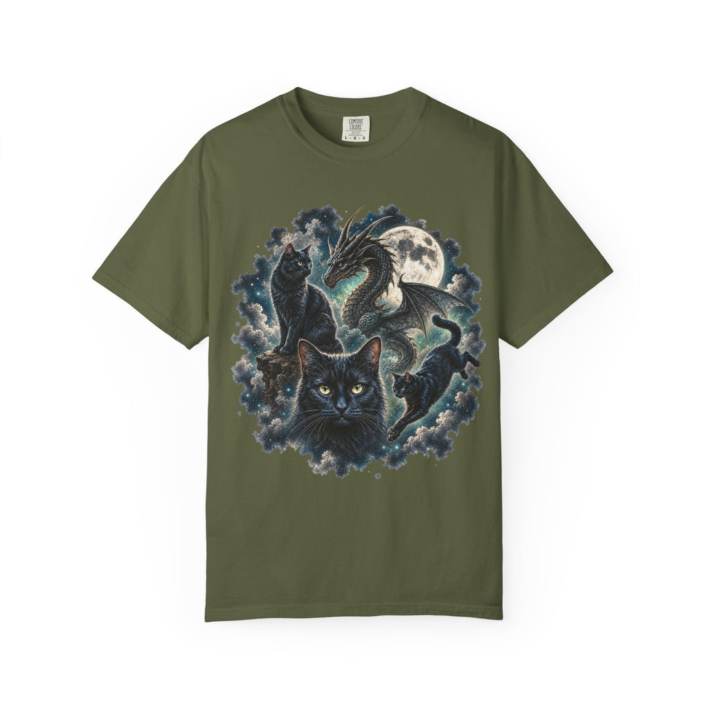 An olive green short-sleeve crewneck t-shirt featuring a detailed graphic print of three black cats in a mystical scene with a dragon, moon, and clouds.