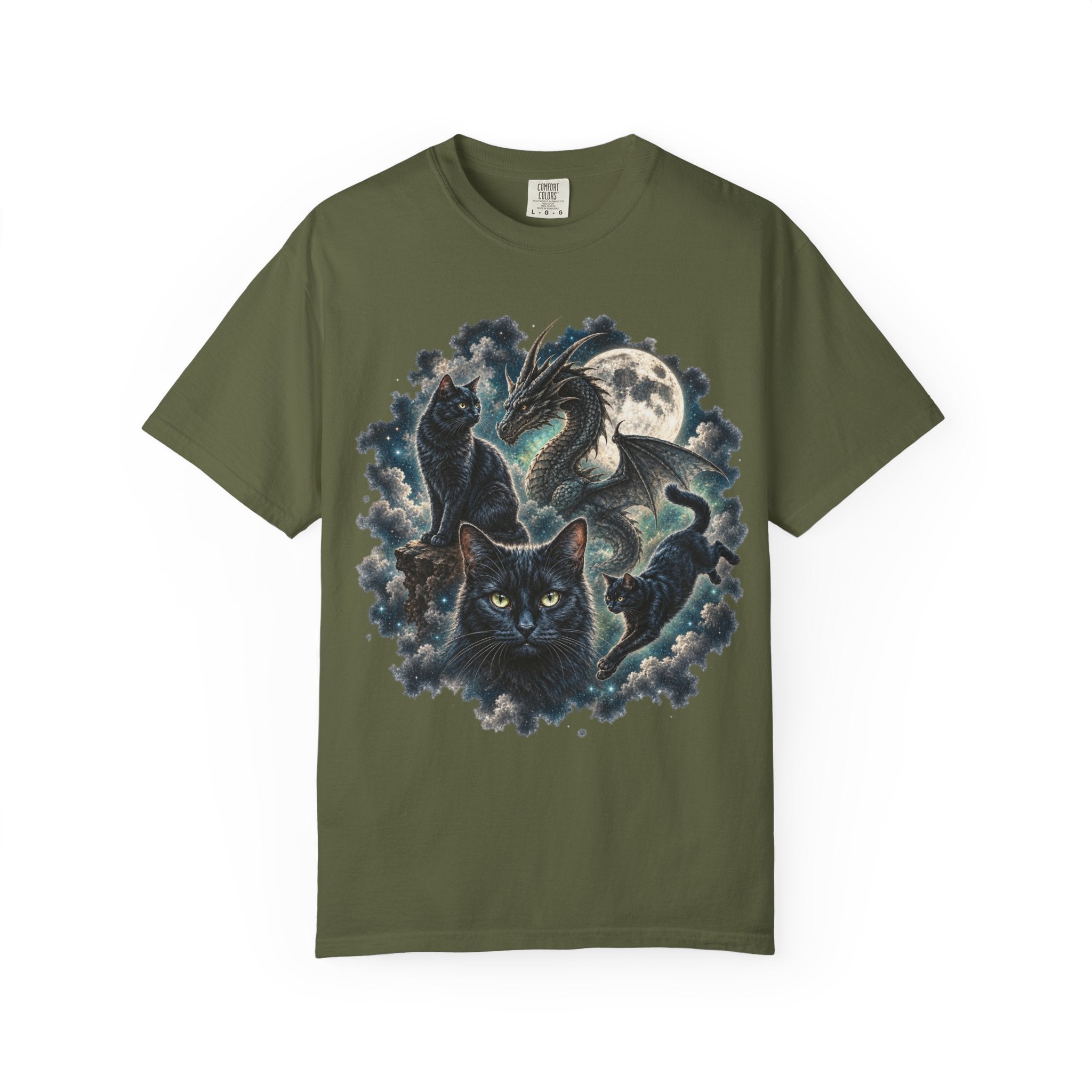 An olive green short-sleeve crewneck t-shirt featuring a detailed graphic print of three black cats in a mystical scene with a dragon, moon, and clouds.