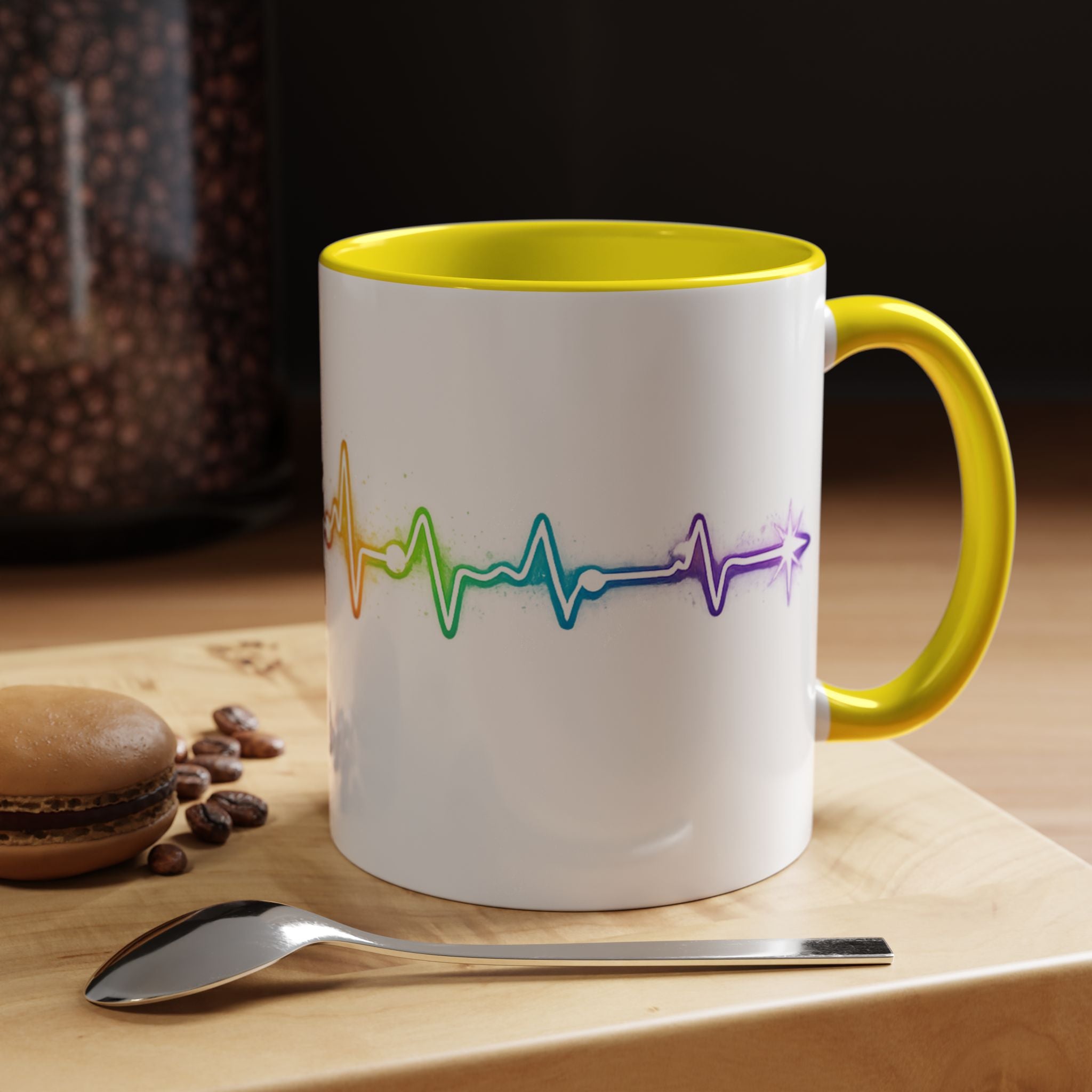 This Coffee is Holding the Timeline Together— Rainbow Heartbeat Accent Coffee Cup 11oz