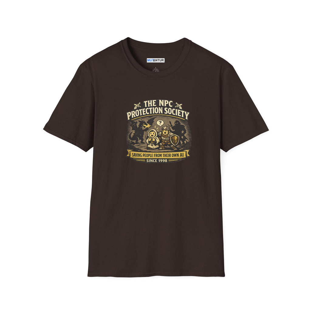 a brown short-sleeve crewneck t-shirt featuring a vintage-style graphic on the chest that reads 'The NPC Protection Society' with a gold and black illustration of a guard and shield.