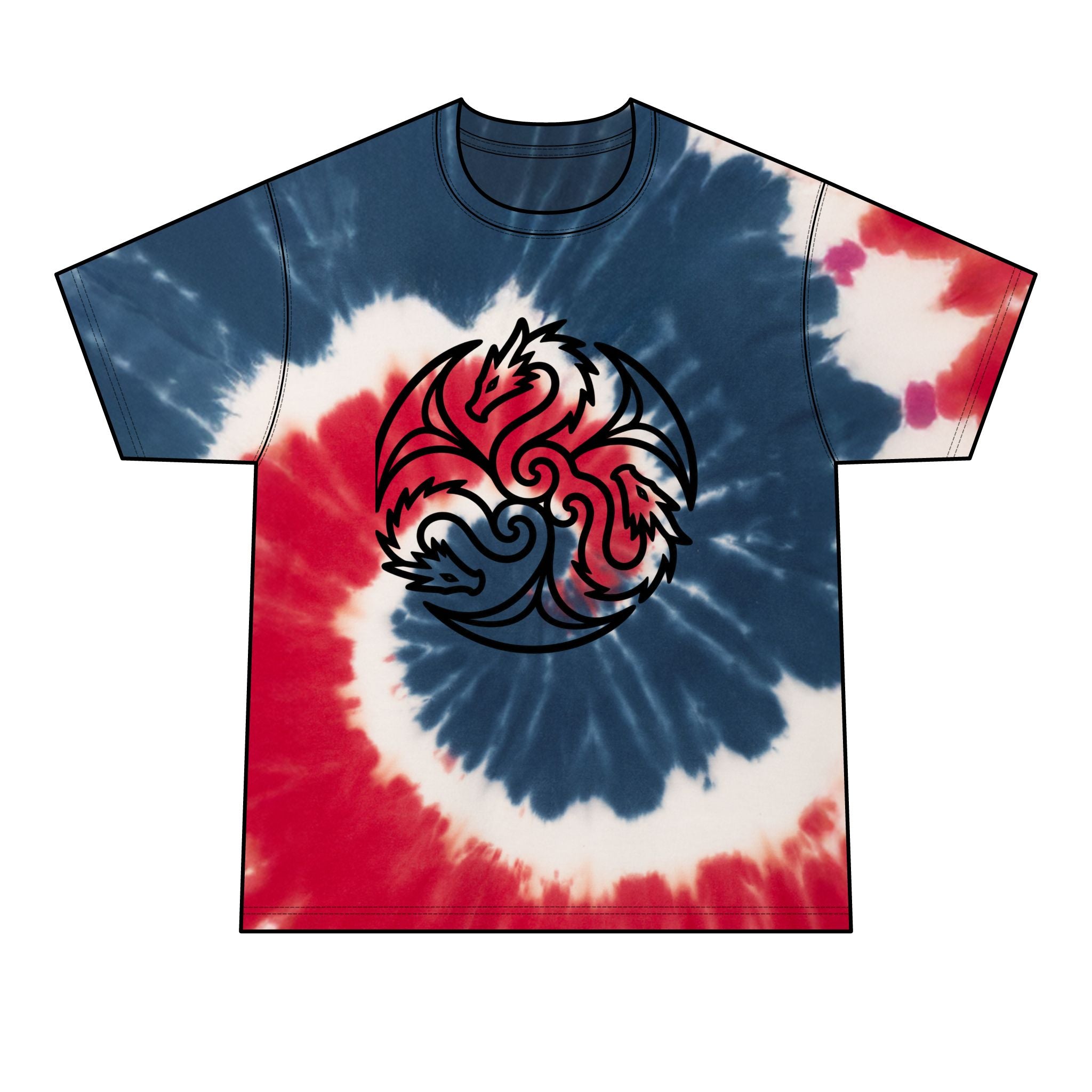 Tie-dye t-shirt with red, white, and blue spiral pattern 