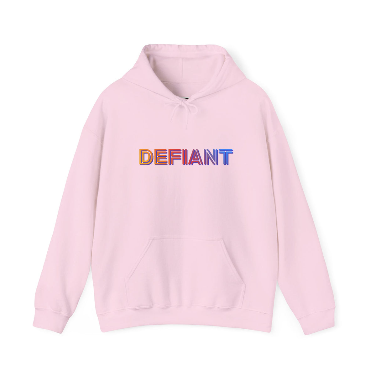 Defiant rainbow text logo graphic hoodie in light pink, front view