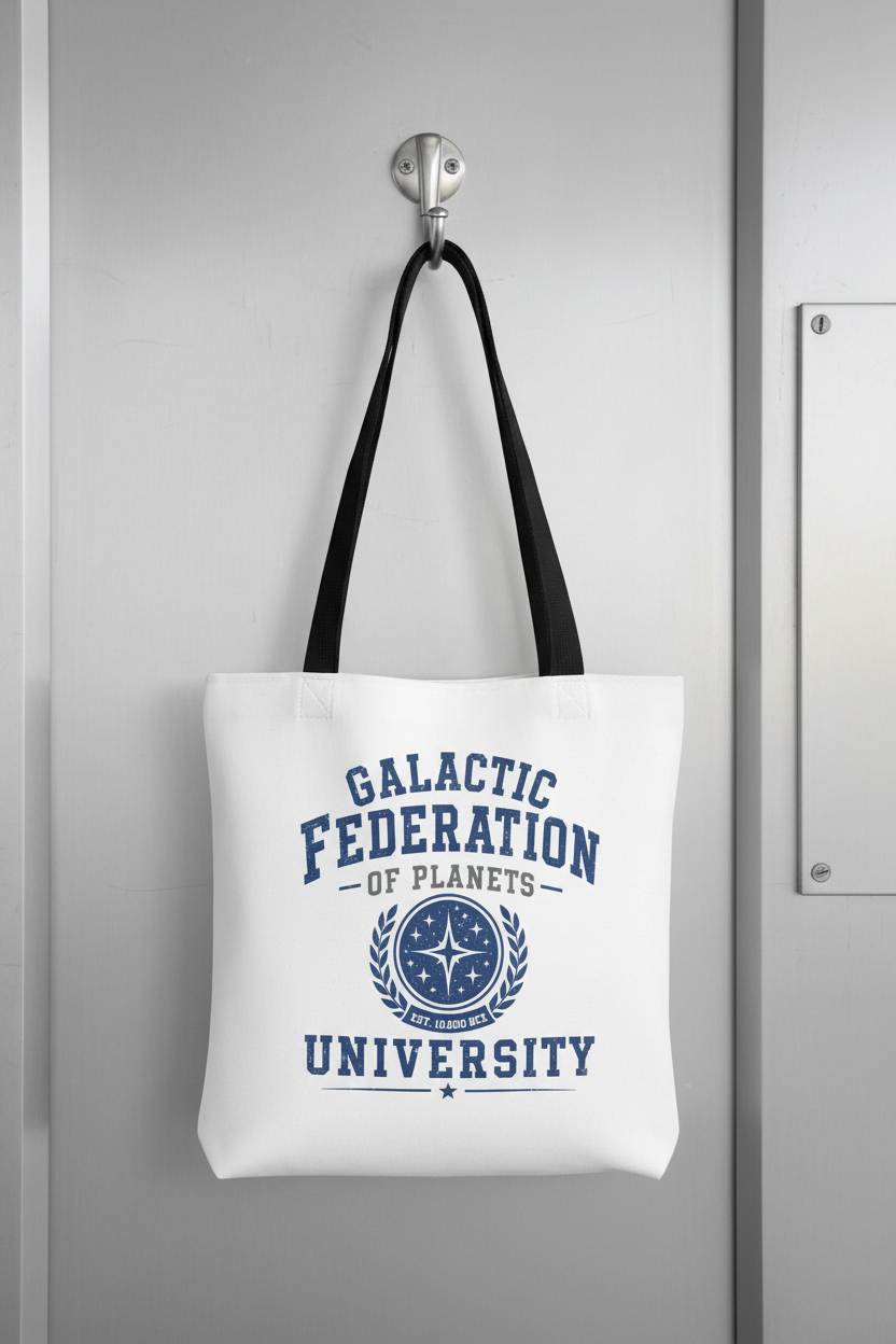 Galactic Federation University sci-fi canvas tote bag, front view