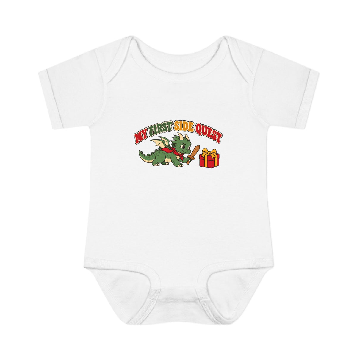 A white short-sleeve baby bodysuit featuring a colorful graphic of a green cartoon dragon holding a gold sword next to a red gift box, with the text 'MY FIRST SIDE QUEST' above it.