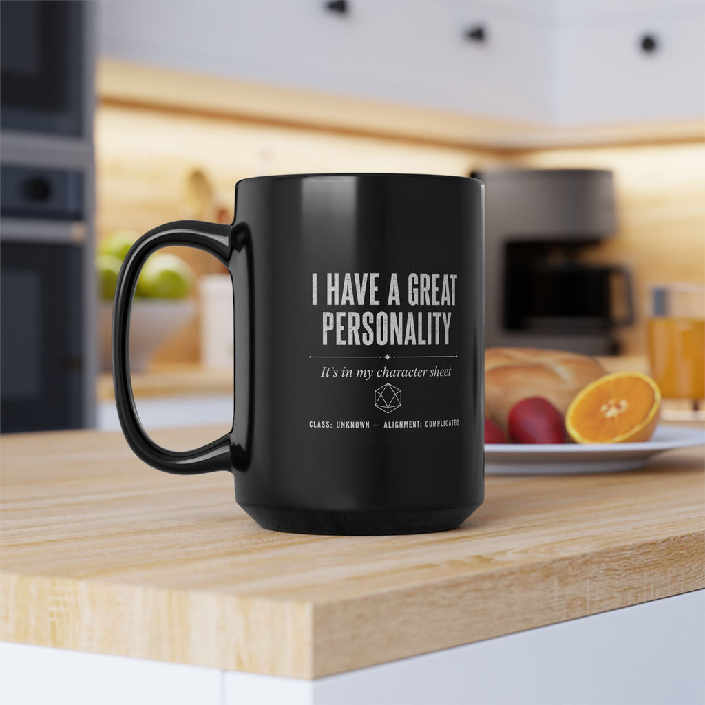 Mug — "I Have a Great Personality" RPG Character Sheet Coffee Mug (Black, 15oz)
