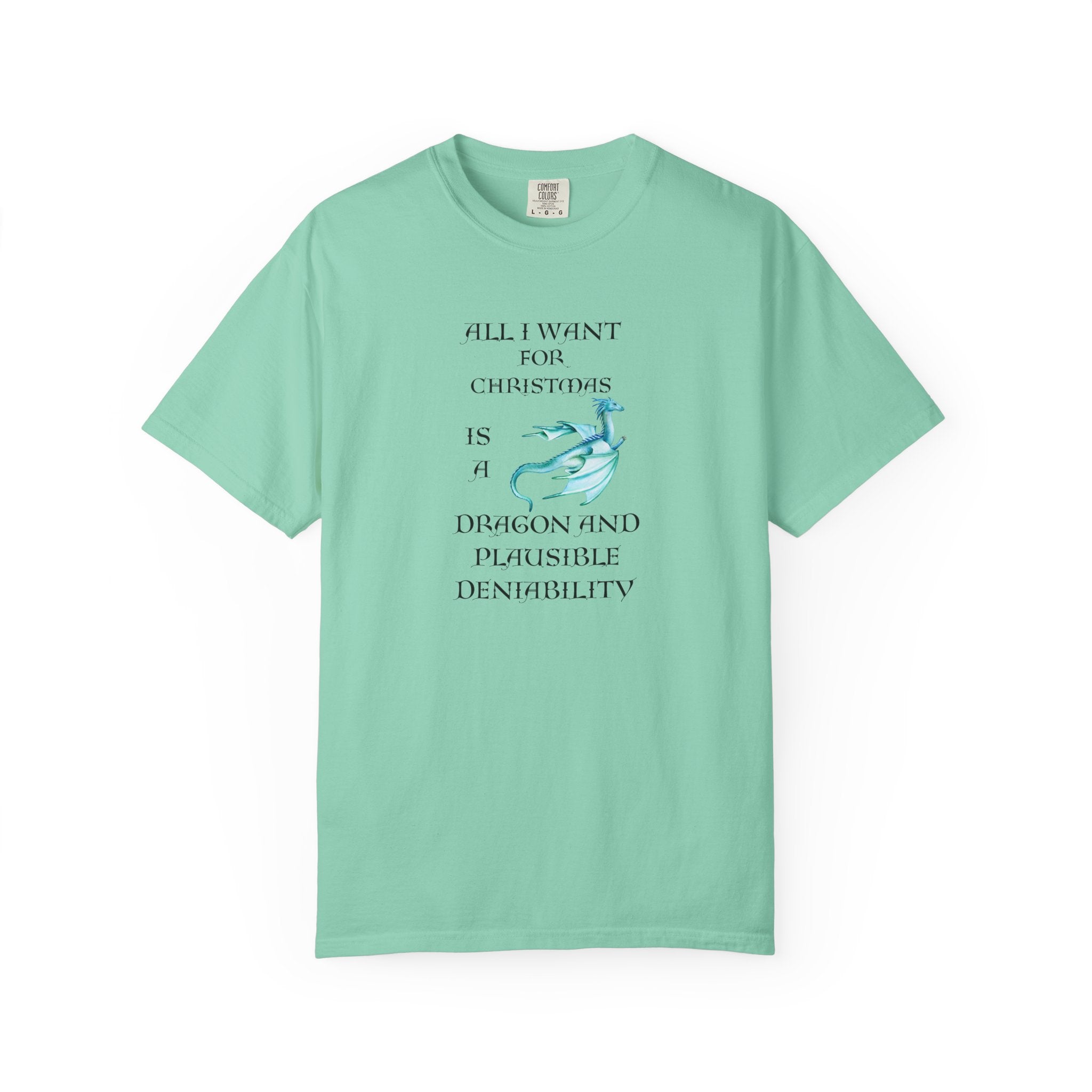  mint green short-sleeve t-shirt with a graphic print on the front. The print features black text that reads 'ALL I WANT FOR CHRISTMAS IS A DRAGON AND PLAUSIBLE DENIABILITY' alongside a light blue dragon illustration.
