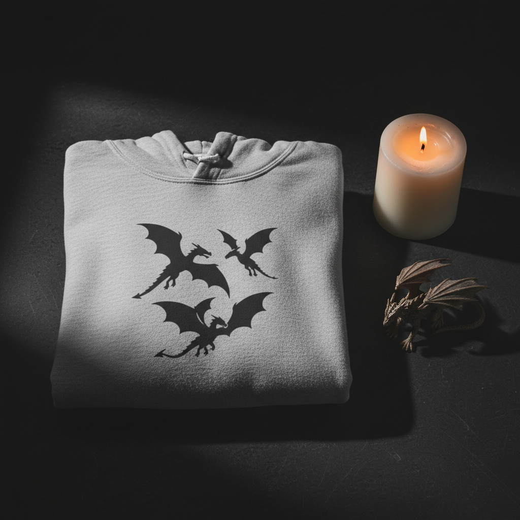Light grey hoodie with three-dragon silhouette graphic, folded and styled with a candle and dragon figurine
