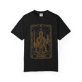 A black crewneck Comfort Colors t-shirt featuring Justice from the Future Arcana collection, inspired by the Justice tarot card. A futuristic blindfolded guardian holds a sword and balanced scales within an elegant Art Deco celestial frame rendered in vintage gold line art on a transparent background.