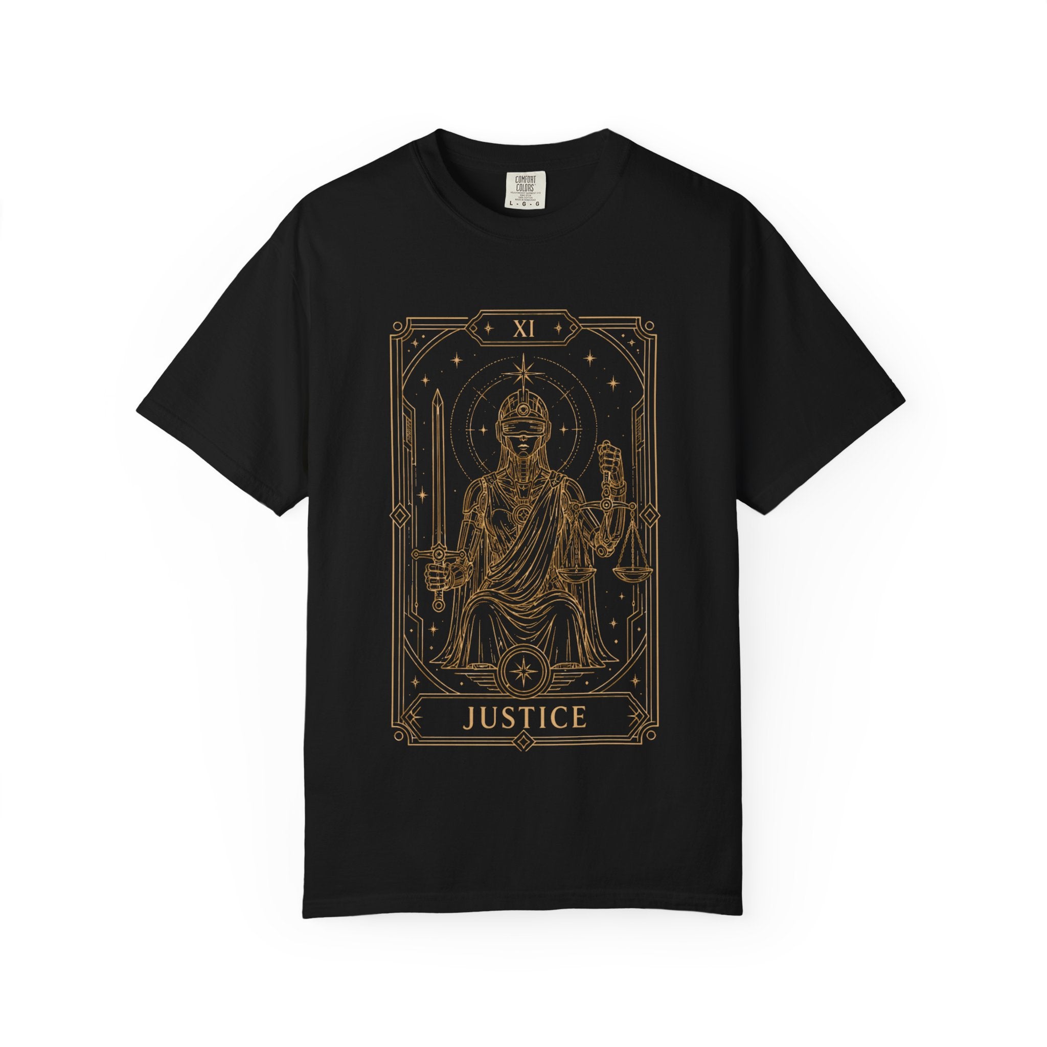 A black crewneck Comfort Colors t-shirt featuring Justice from the Future Arcana collection, inspired by the Justice tarot card. A futuristic blindfolded guardian holds a sword and balanced scales within an elegant Art Deco celestial frame rendered in vintage gold line art on a transparent background.