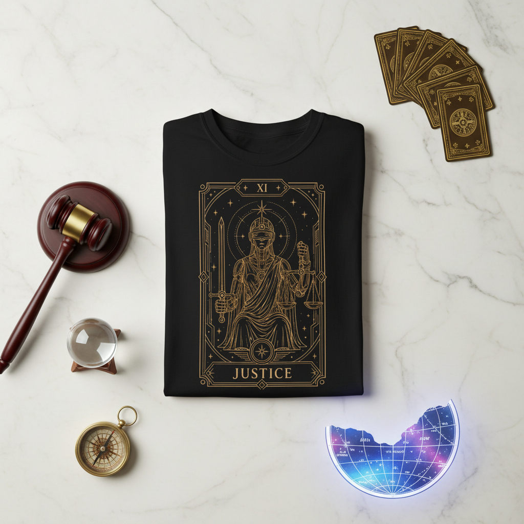 A black crewneck Comfort Colors t-shirt featuring Justice from the Future Arcana collection, inspired by the Justice tarot card. A futuristic blindfolded guardian holds a sword and balanced scales within an elegant Art Deco celestial frame rendered in vintage gold line art on a transparent background.