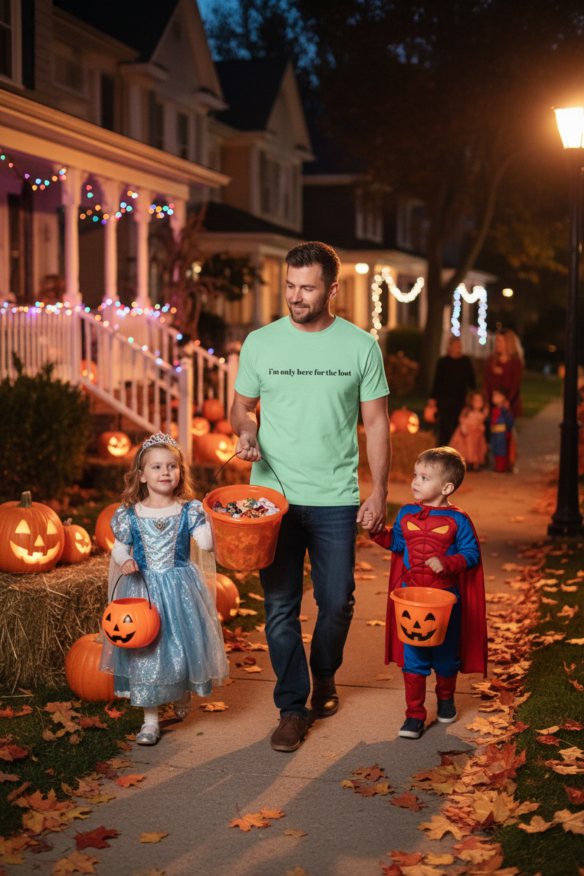 I'm Only Here for the Loot minimal text graphic tee in mint green, styled photo of a man trick-or-treating with two children at night