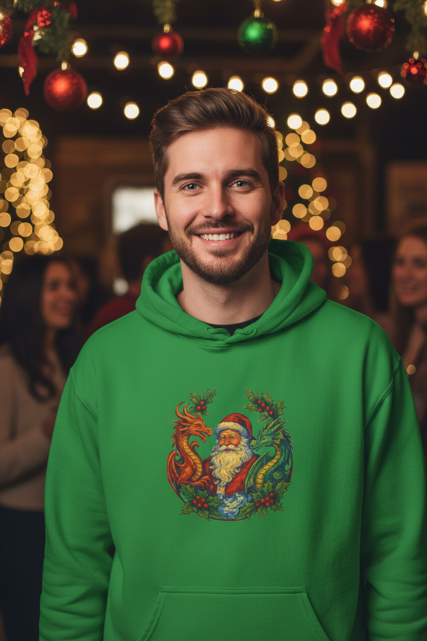 Vintage Santa Dragon Wreath Hoodie | Christmas Holiday Sweatshirt
