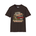 A dark brown short-sleeve crewneck t-shirt featuring a detailed graphic print on the front. The graphic depicts a coiled rattlesnake with the text '1776 CALLED IT WANTS ITS REBELLION BACK DONT TREAD ON ME MEANS DONT TREAD ON US  against a white background