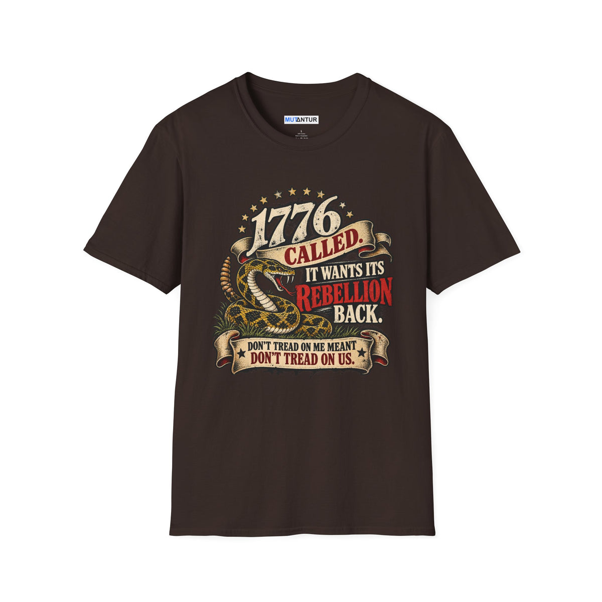 A dark brown short-sleeve crewneck t-shirt featuring a detailed graphic print on the front. The graphic depicts a coiled rattlesnake with the text '1776 CALLED IT WANTS ITS REBELLION BACK DONT TREAD ON ME MEANS DONT TREAD ON US  against a white background