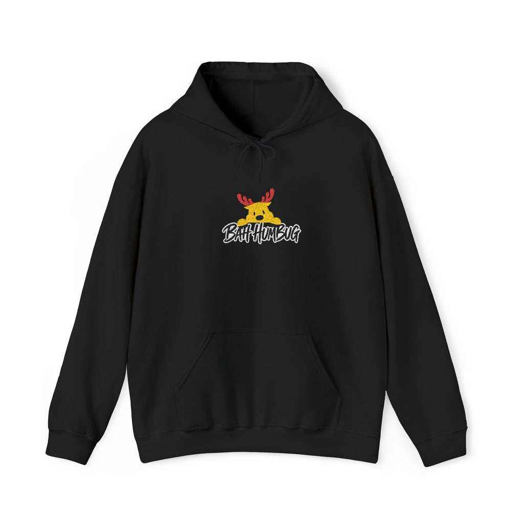 A black pullover hoodie with a front kangaroo pocket and drawstring hood, featuring a small graphic of a reindeer with red antlers and the text 'BAH HUMBUG' printed on the chest.