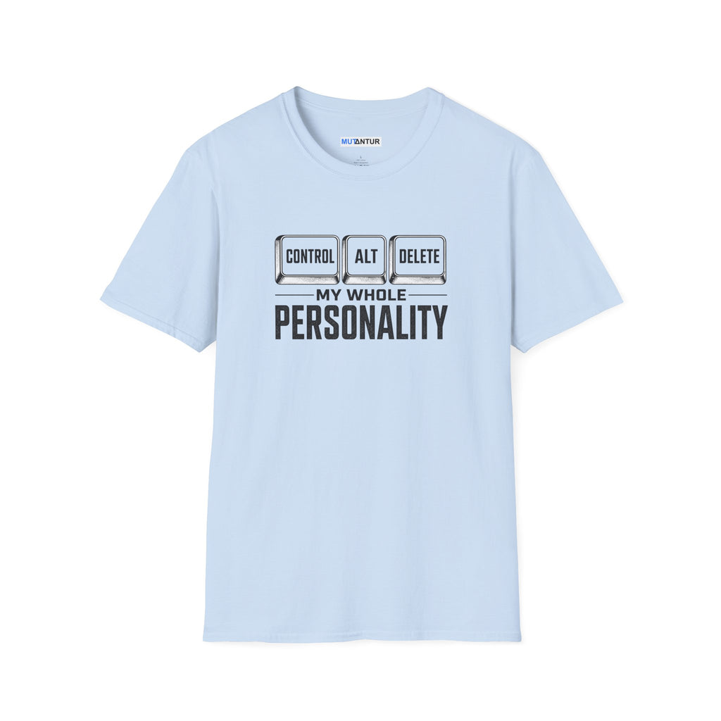 A light blue crewneck t-shirt with a graphic on the chest that reads 'CONTROL ALT DELETE' above 'MY WHOLE PERSONALITY' in bold black letters, displayed on a clean white background.