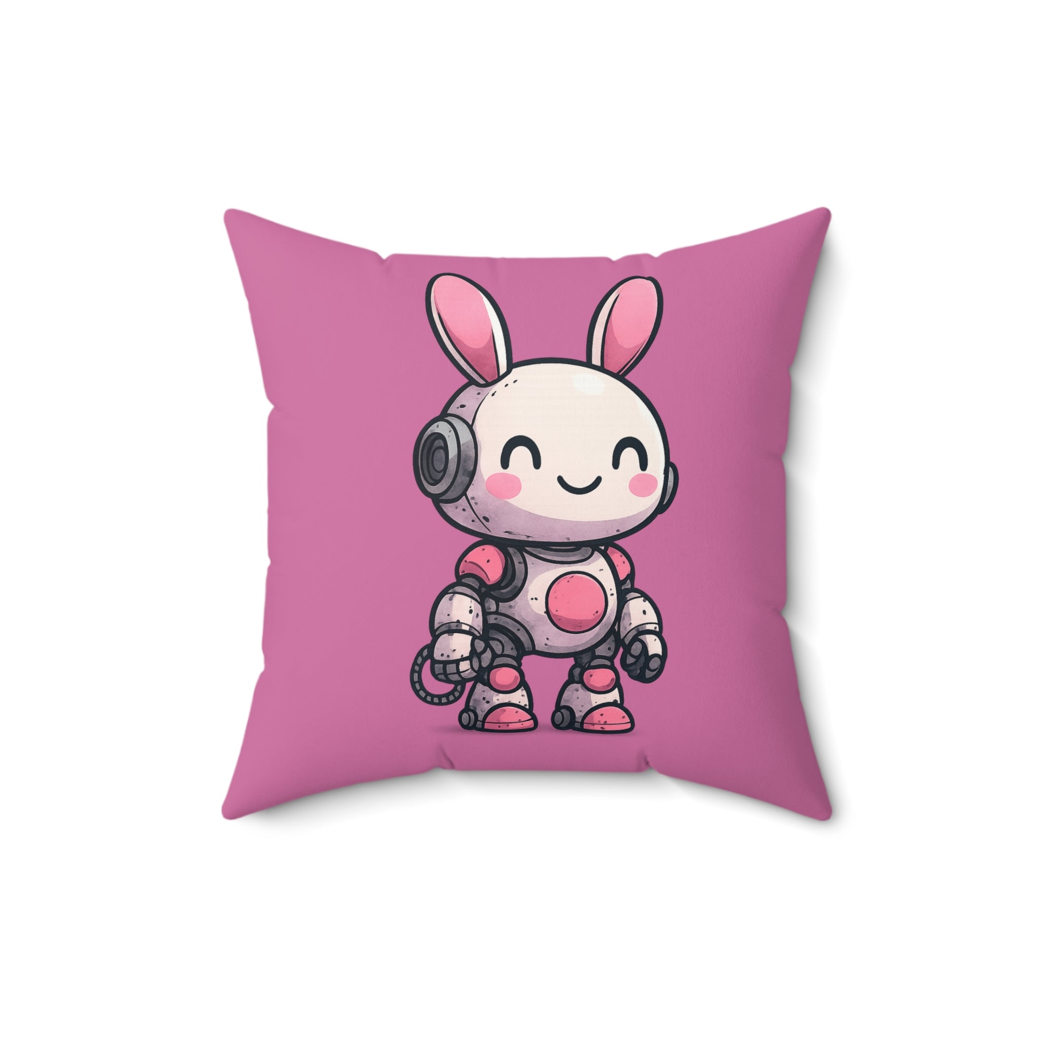 Happy Pink Robot Pillow – Whimsical Robot Bunny Square Throw Pillow