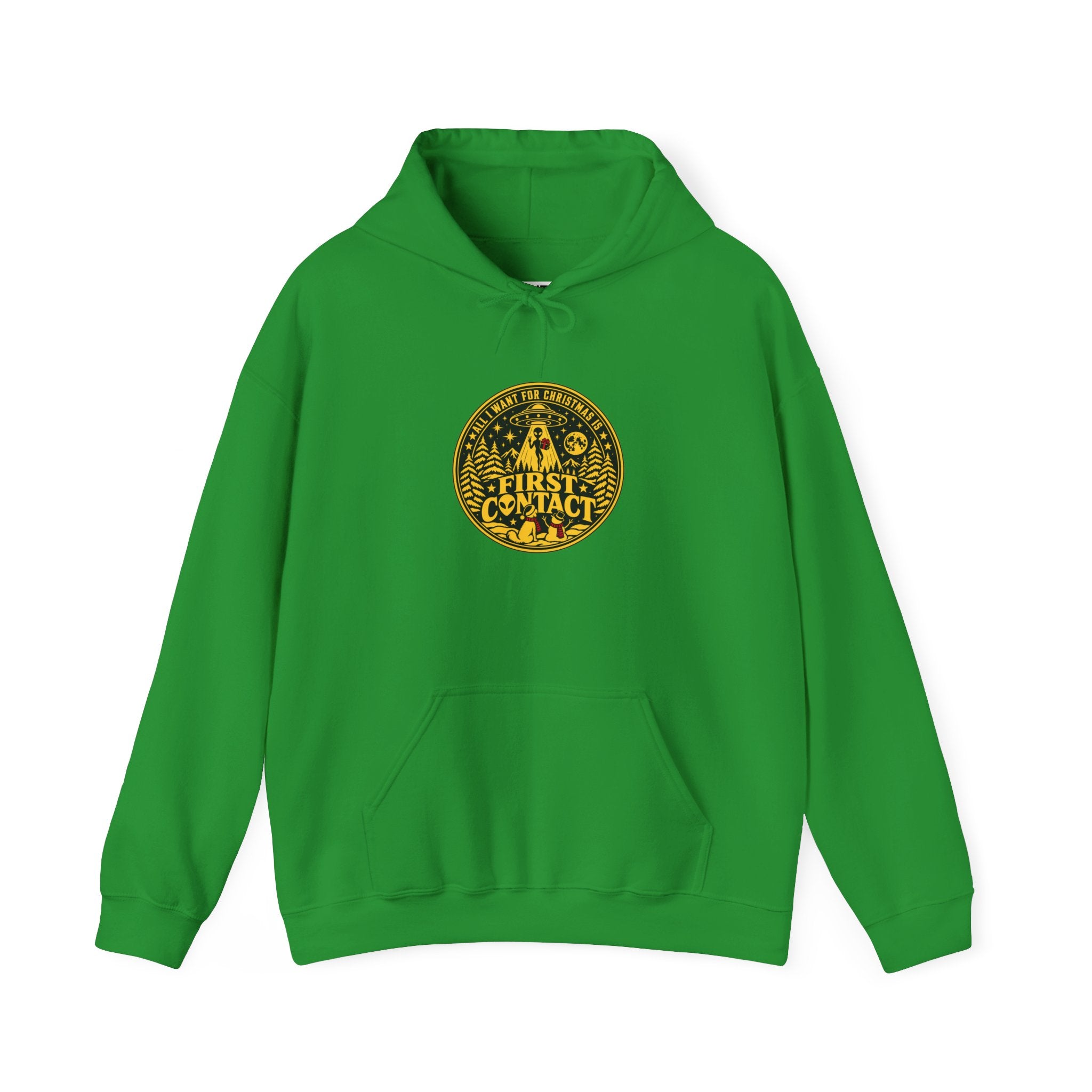 A green hoodie with  a gold and black circular badge depicting  a dog and a snow man looking up at an alien rising up into a UFO at Christmas, with the words: All I want for Christmas is First Contact' The hoodie is displayed against a white background