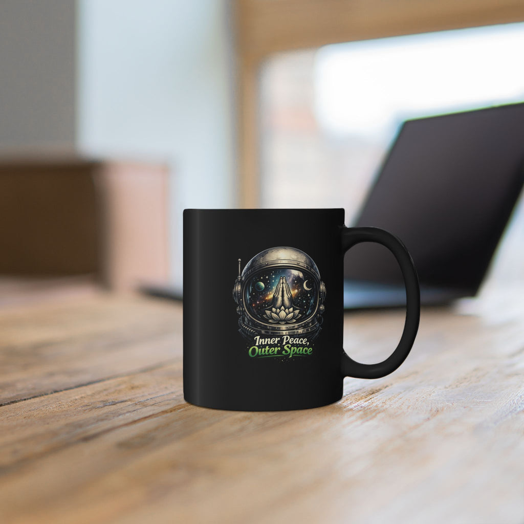 Inner Peace, Outer Space Black Mug — Astronaut Helmet Lotus Coffee Cup 11oz