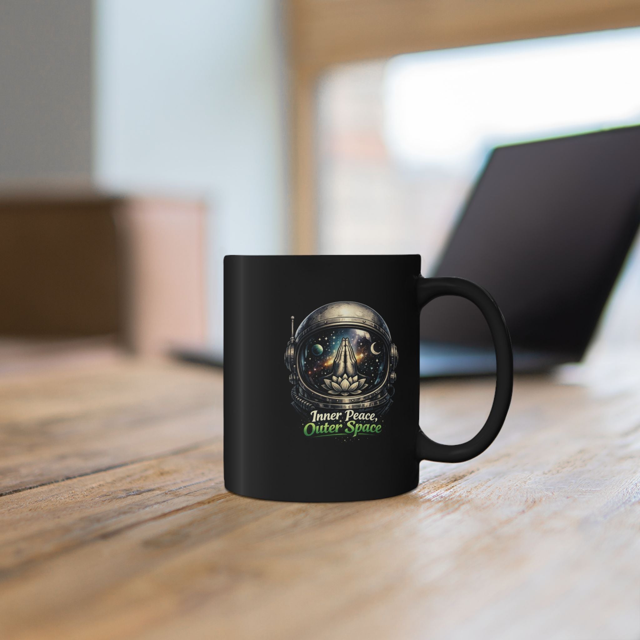 Inner Peace, Outer Space Black Mug — Astronaut Helmet Lotus Coffee Cup 11oz