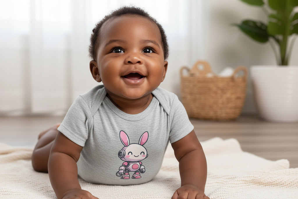 Happy Pink Robot Bunny Infant Bodysuit – Gentle Sci-Fi Baby One-Piece - Mutantur Labs LLC