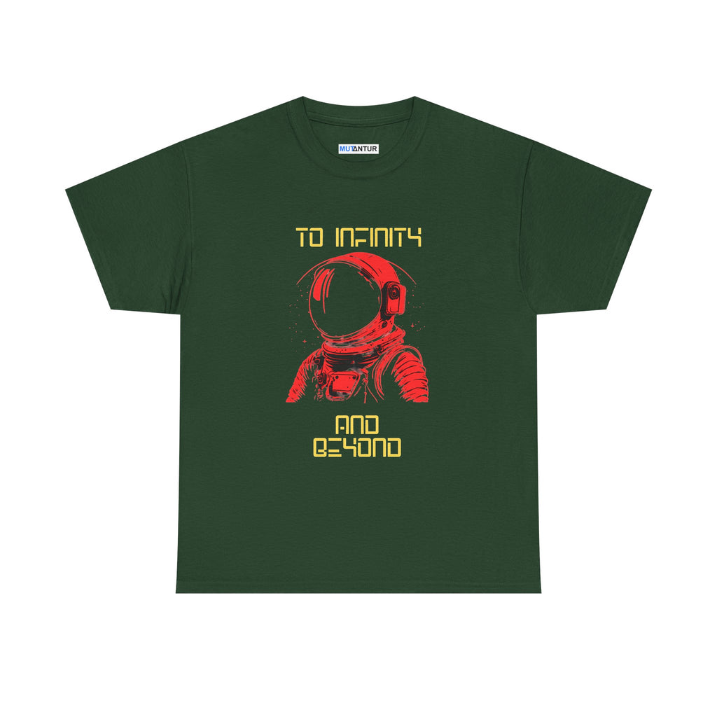 To Infinity and Beyond retro astronaut graphic tee in dark green, front view flat mockup