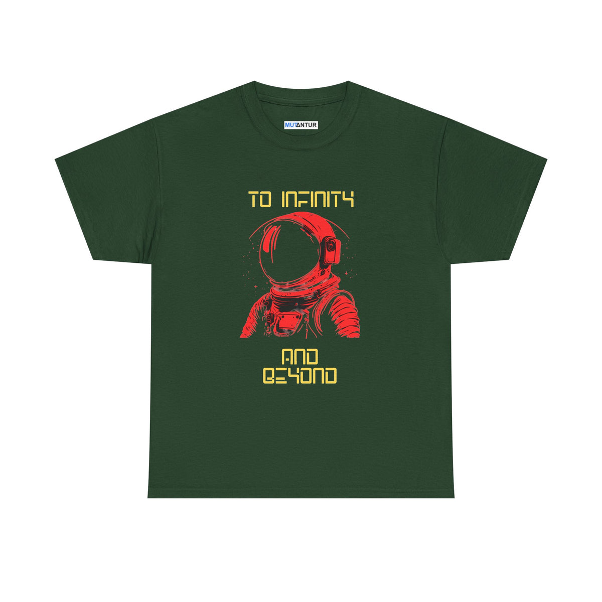 To Infinity and Beyond retro astronaut graphic tee in dark green, front view flat mockup