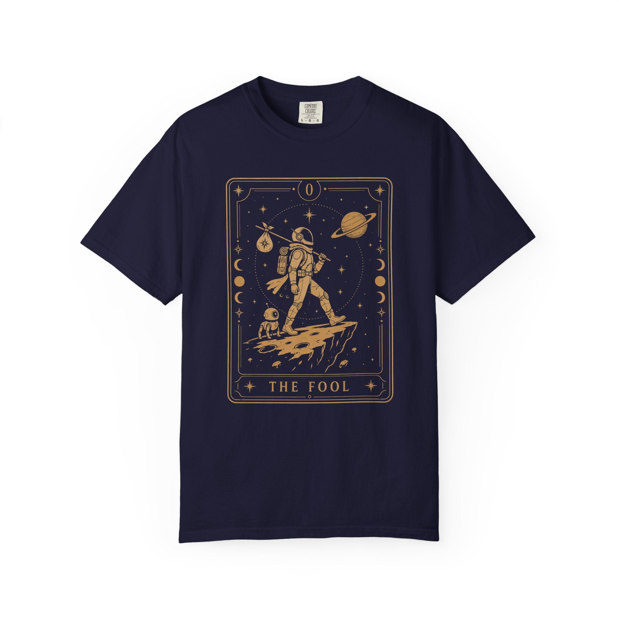 Navy blue t-shirt with an astronaut graphic and 'The Fool' text on a white background