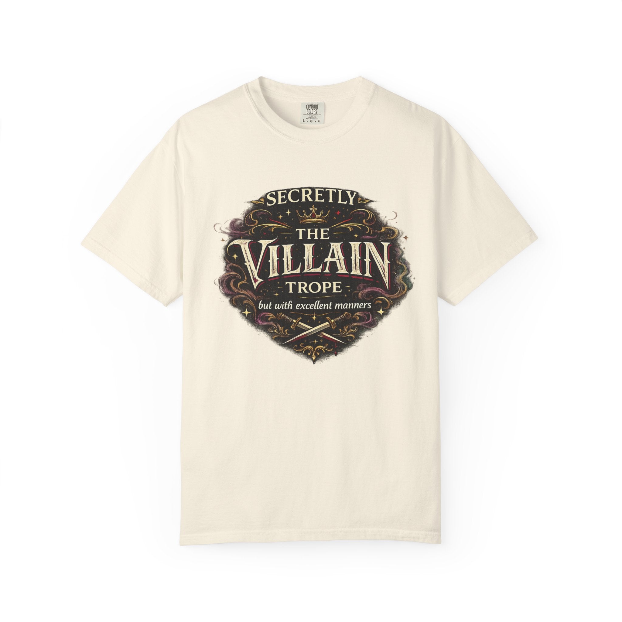 Villain Trope vintage fantasy Comfort Colors graphic tee, flat lay