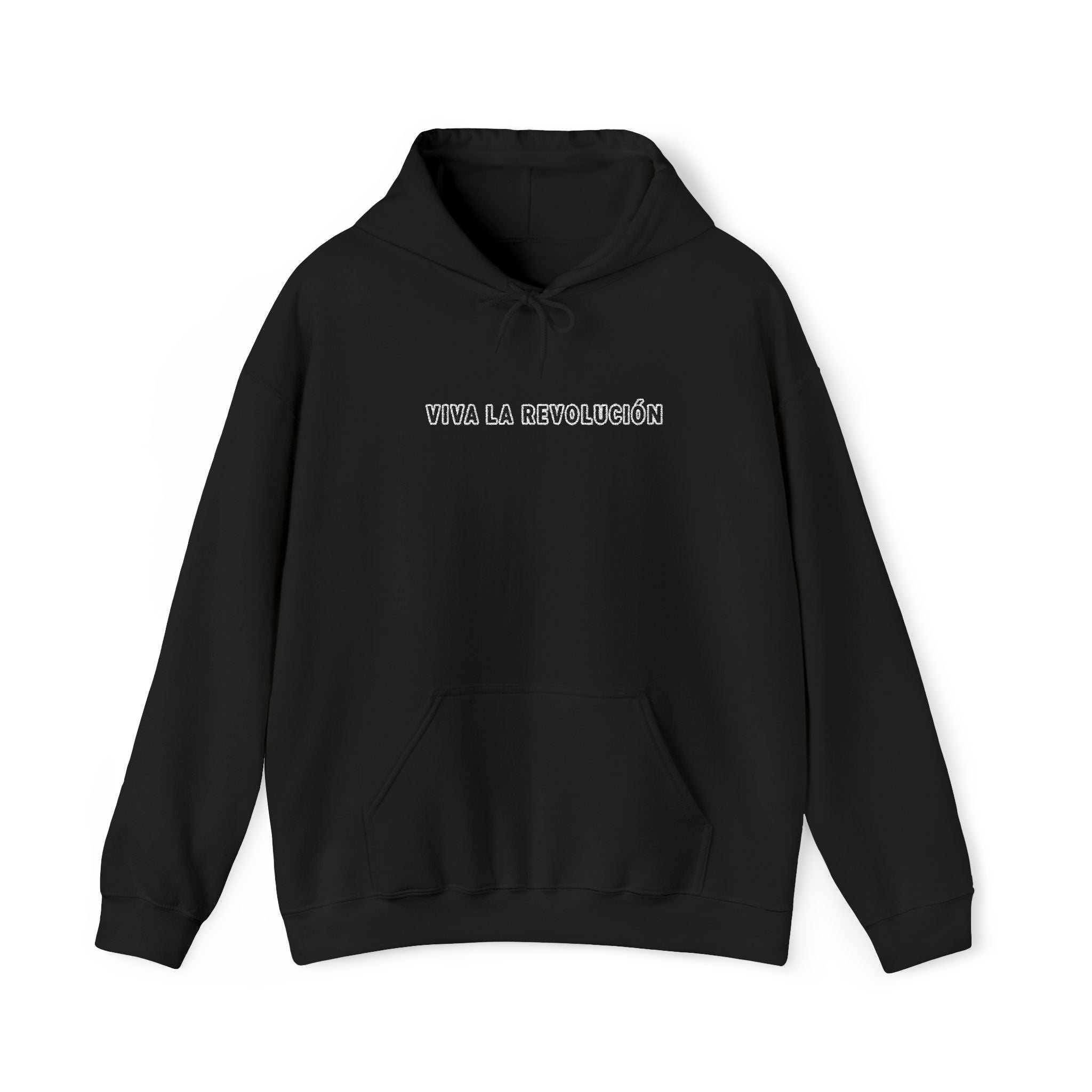 A black hoodie with the word s Viva La revolucion in black and white text