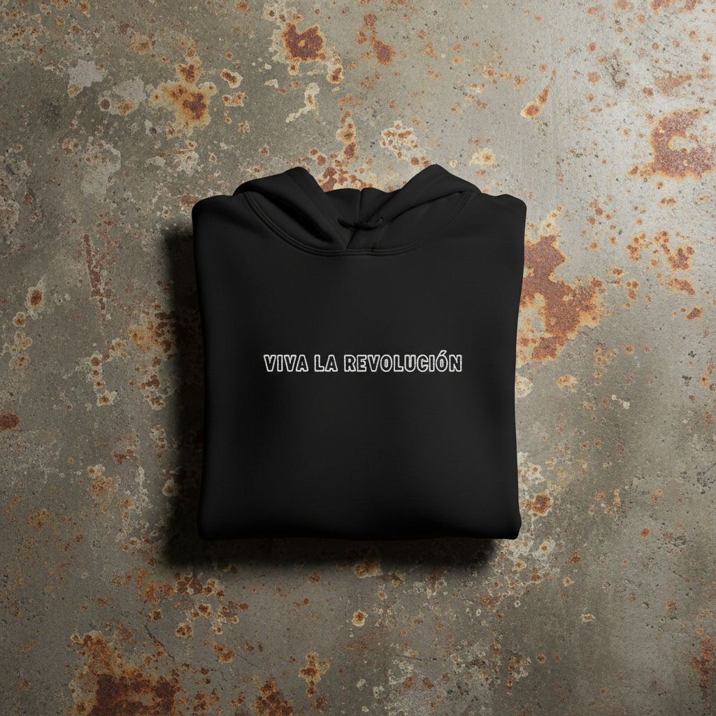 A folded black hoodie with the white text 'VIVA LA REVOLUCIÓN' printed across the chest, displayed flat on a textured, rusted concrete surface.