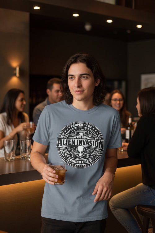 Alien Invasion Ground Crew T-Shirt | UFO Badge Graphic, Comfort Colors tee - Mutantur Labs LLC