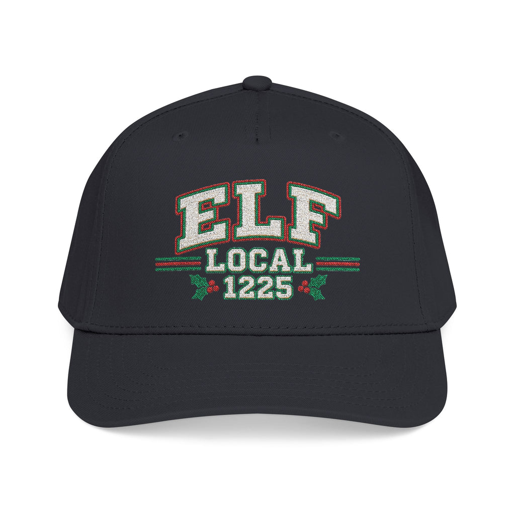 A black baseball cap featuring a front embroidered graphic that reads 'ELF LOCAL 1225' in white, green, and red thread, shown against a plain white background