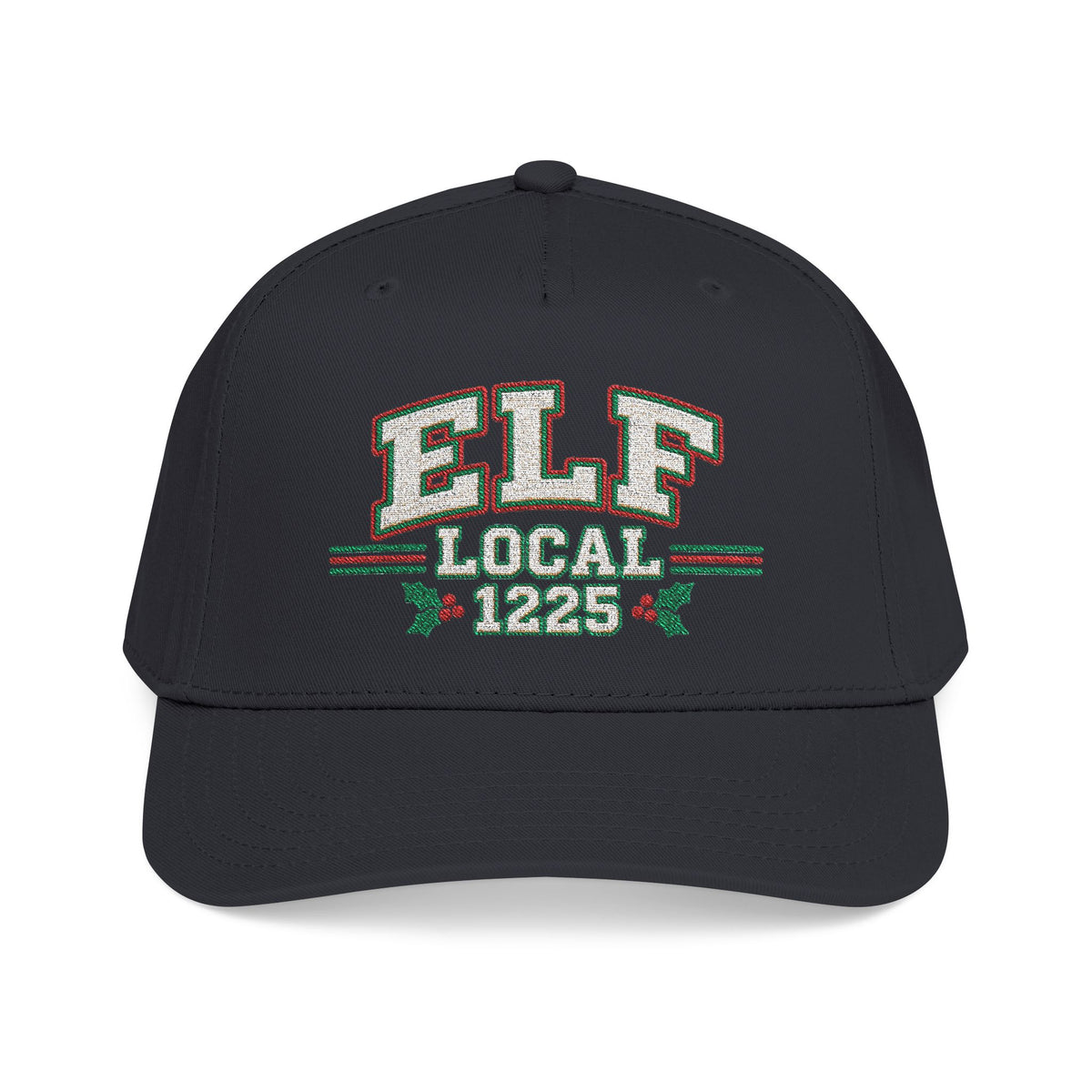A black baseball cap featuring a front embroidered graphic that reads 'ELF LOCAL 1225' in white, green, and red thread, shown against a plain white background