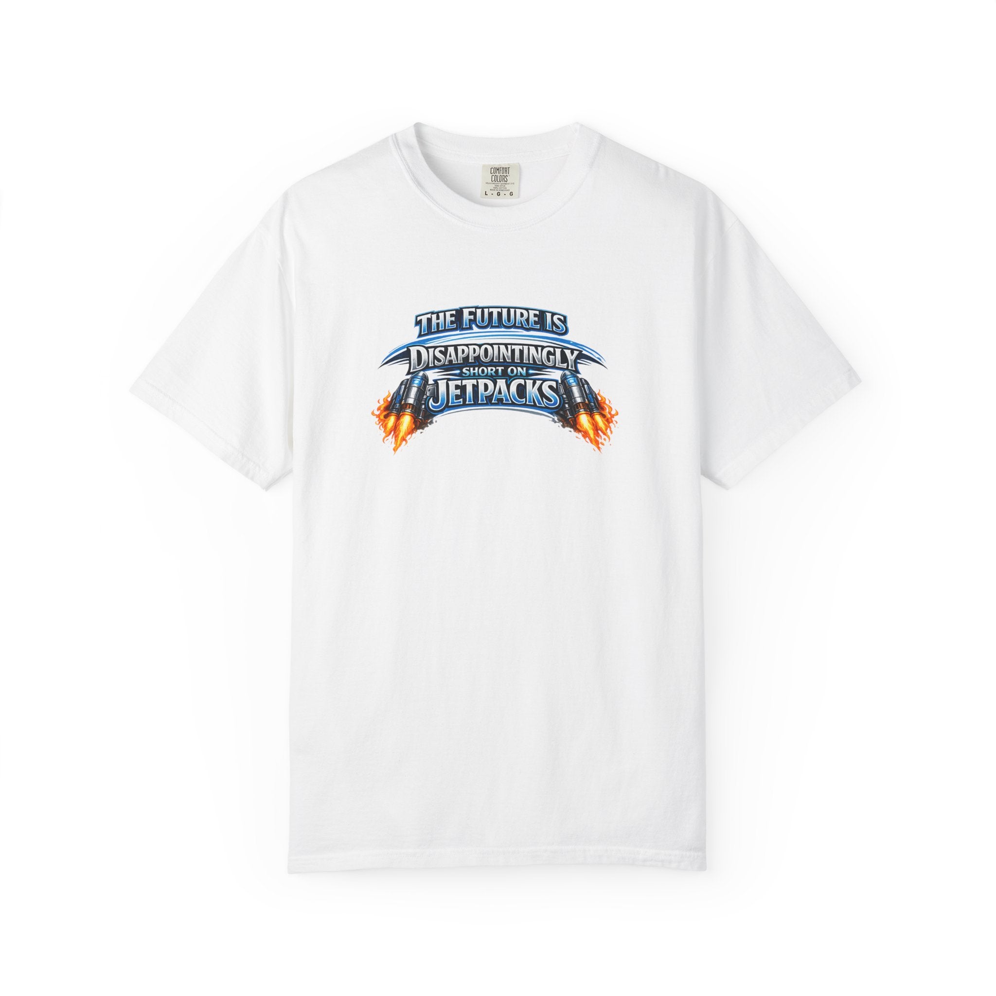 A white short-sleeve crewneck t-shirt featuring a graphic print on the chest that reads 'THE FUTURE IS DISAPPOINTINGLY SHORT ON JETPACKS' in stylized blue and orange lettering with flame effects.