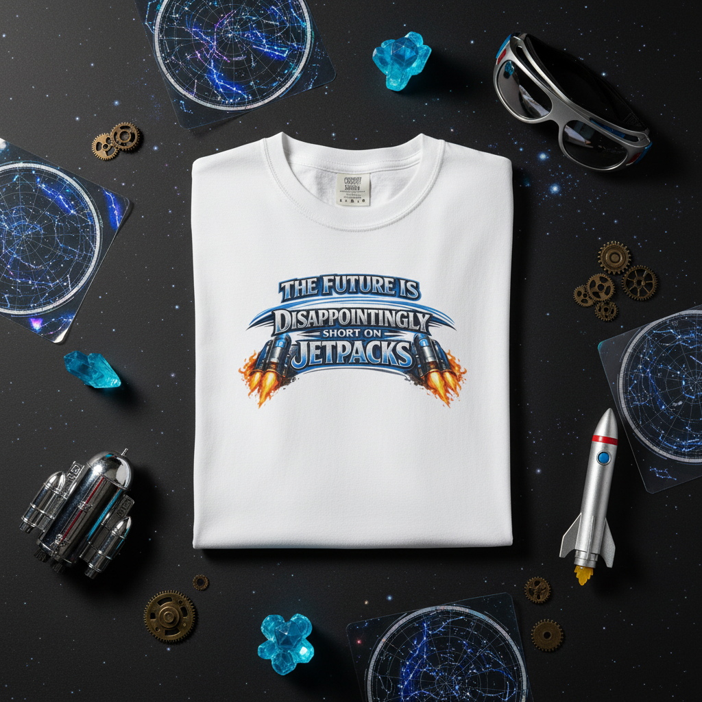 A white short-sleeve crewneck t-shirt featuring a graphic print on the chest that reads 'THE FUTURE IS DISAPPOINTINGLY SHORT ON JETPACKS' in stylized blue and orange lettering with flame effects.