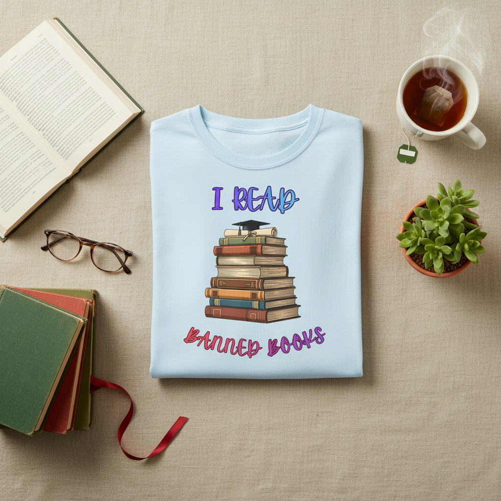 I Read Banned Books long sleeve graphic tee, close-up of design