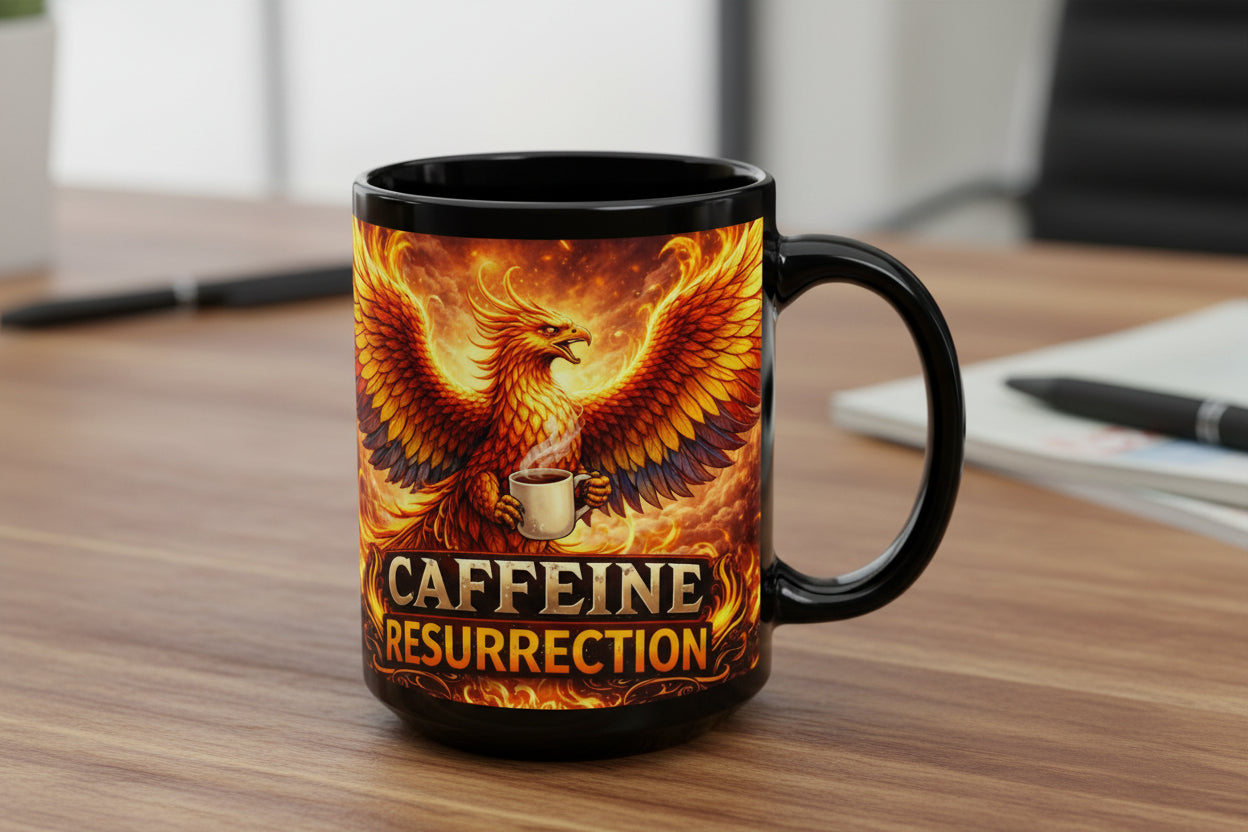 Caffeine Resurrection Mug – 15oz Phoenix Coffee Cup, Funny Rebirth Coffee Mug - Mutantur Labs LLC