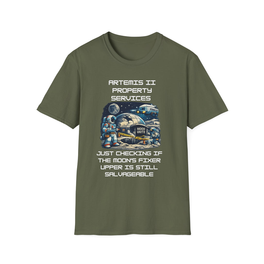 Moonbase Property Services T-Shirt — 'Artemis II Property Services' Space Repair Crew funny Tee - Mutantur Labs LLC