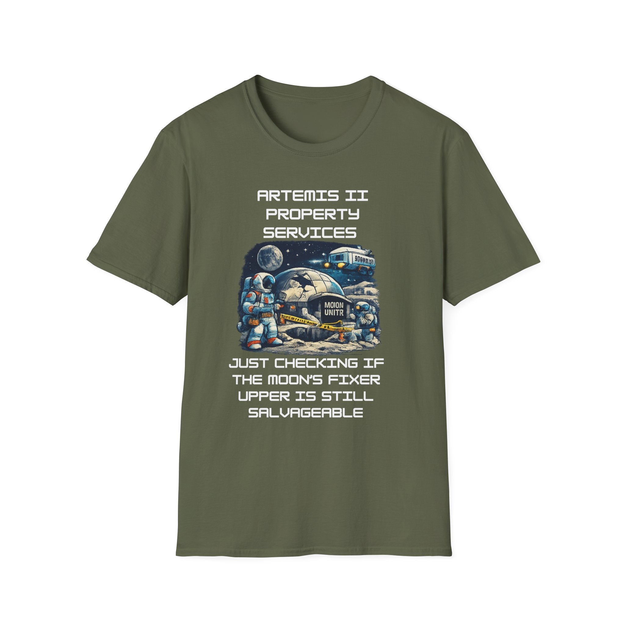 Moonbase Property Services T-Shirt — 'Artemis II Property Services' Space Repair Crew funny Tee - Mutantur Labs LLC