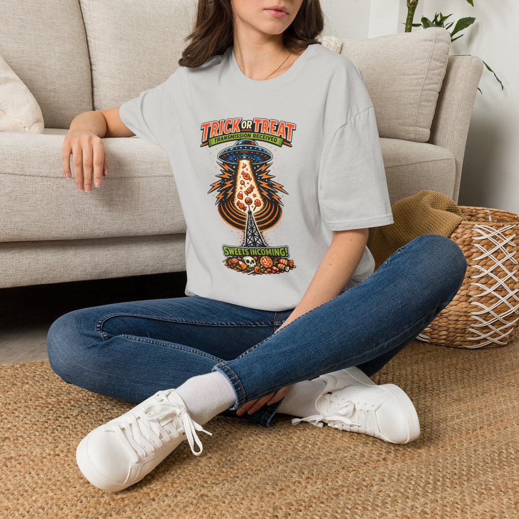 Trick or Treat UFO T-Shirt — Retro Halloween Alien Candy Abduction Tee