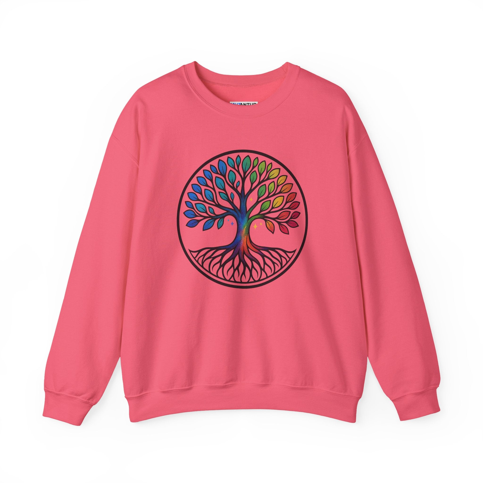 Rainbow Tree of Life graphic crewneck sweatshirt, styled photo