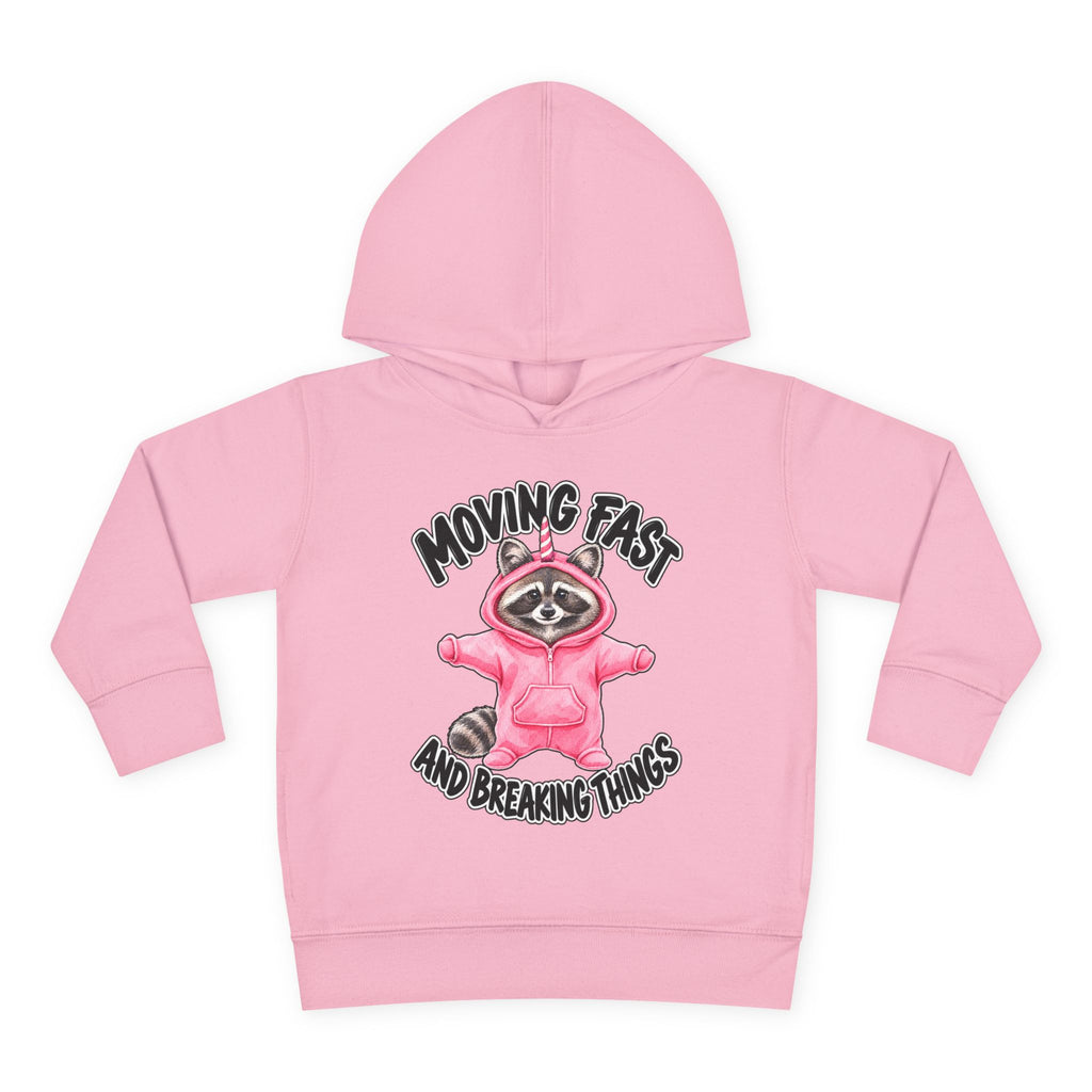 A pink kids' pullover hoodie with a graphic of a raccoon in a pink hoodie and the text 'MOVING FAST AND BREAKING THINGS' on the front, shown against a plain white background.