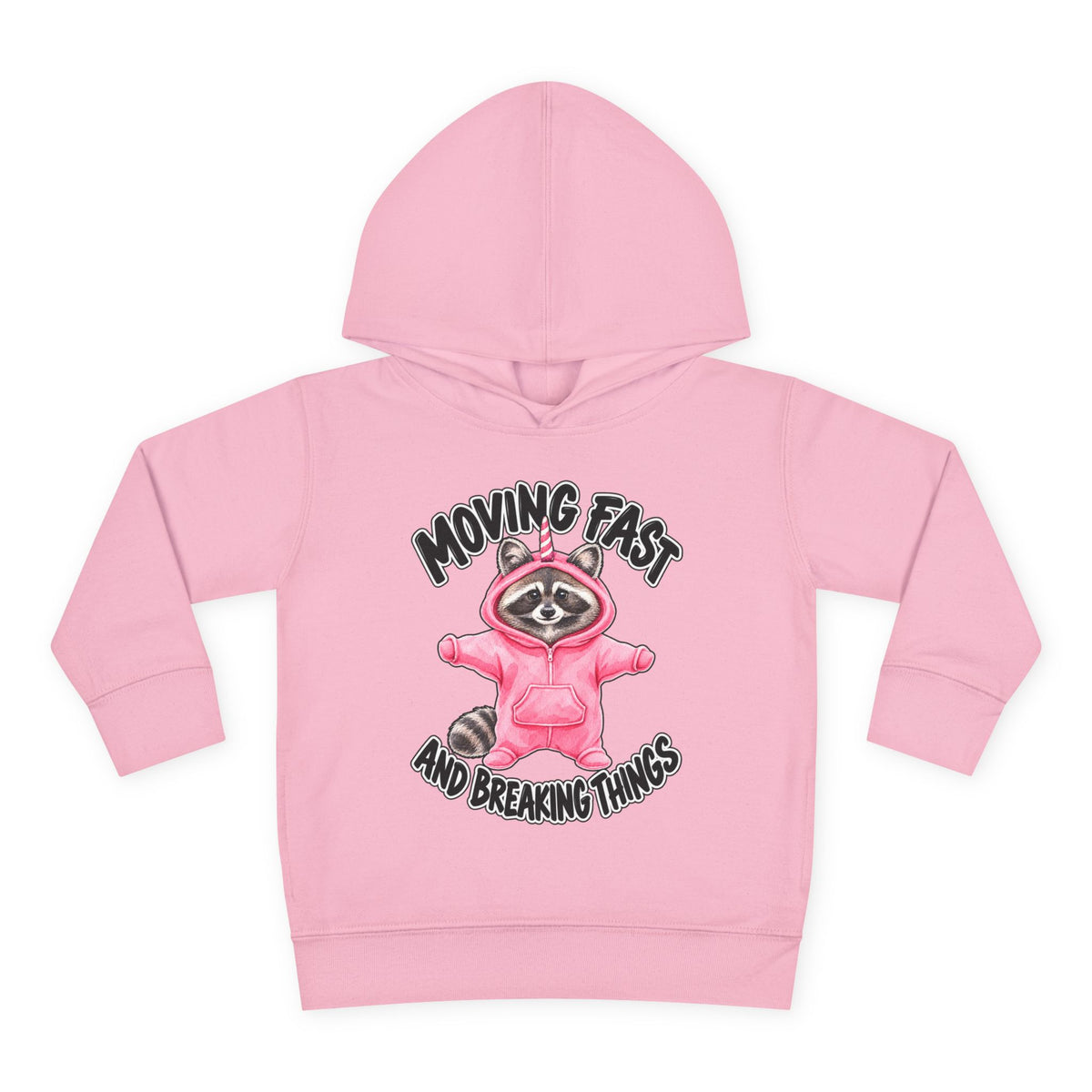 A pink kids' pullover hoodie with a graphic of a raccoon in a pink hoodie and the text 'MOVING FAST AND BREAKING THINGS' on the front, shown against a plain white background.