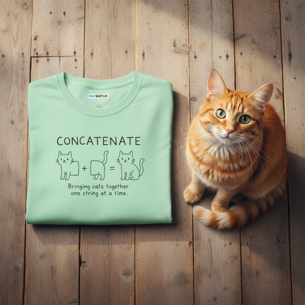 A mint green short-sleeve crewneck t-shirt with a black graphic print on the chest featuring the word 'CONCATENATE' and simple line drawings of cats and a cat bed with the phrase 'Bringing cats together one string at a time.'.