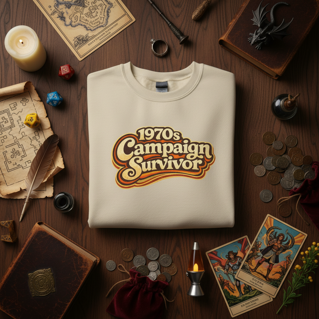 1970's Campaign Survivor tabletop RPG crewneck sweatshirt, front view